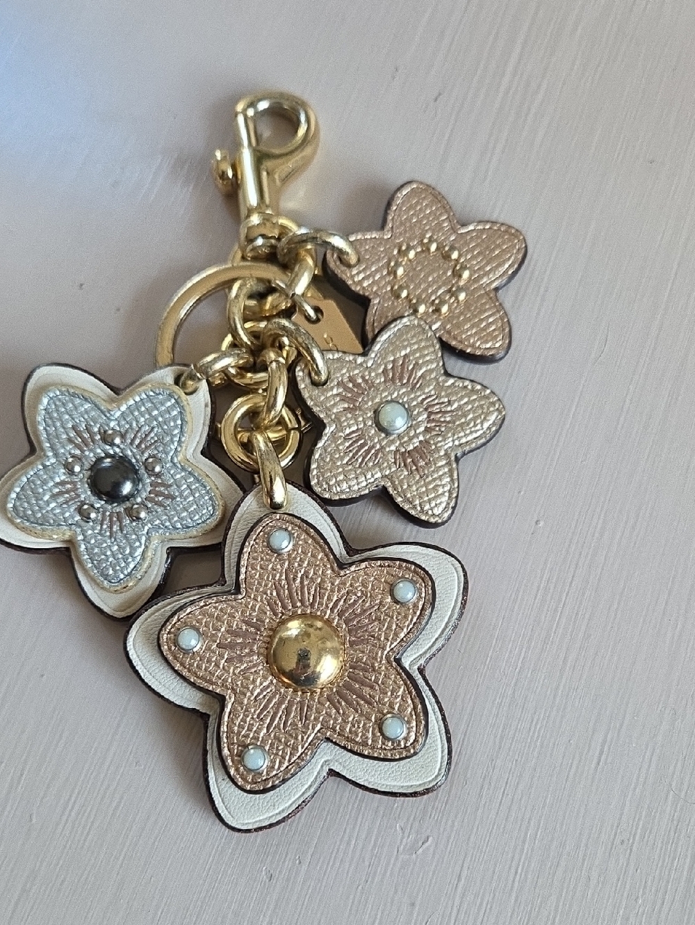 COACH Floral Metallic Leather Keychain with Gold Hardware - Picture 3 of 10